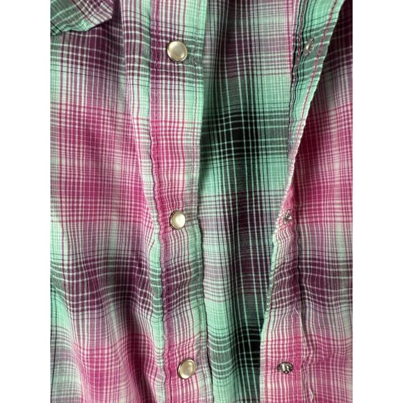 Wrangler Shirt Women L Pink Green Flannel Pearl Snap Western Cowgirl Rodeo Ranch - Picture 4 of 12
